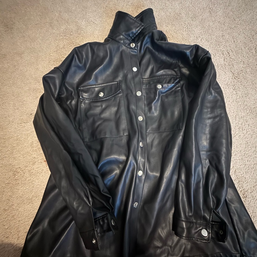 Women's Black Leather Jacket with Button Details